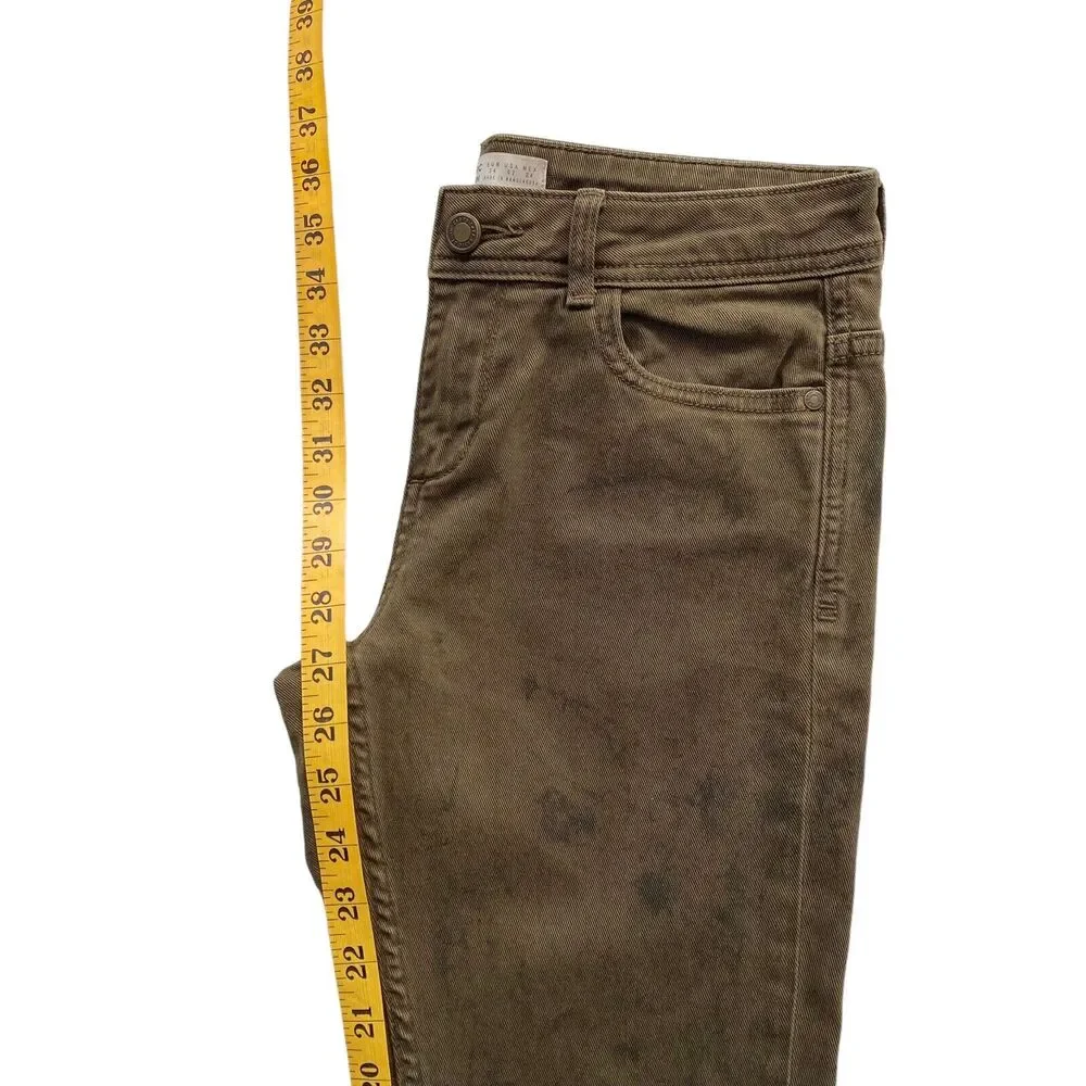 ZARA Basic Z1975 Denim Size 2 Mid Rise Skinny Uneven Hem Olive Jeans Dark Marks